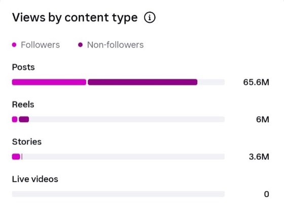 Instagram dashboard, views by content type: posts 65.6M, reels 6M, stories 3.6M, live videos 0